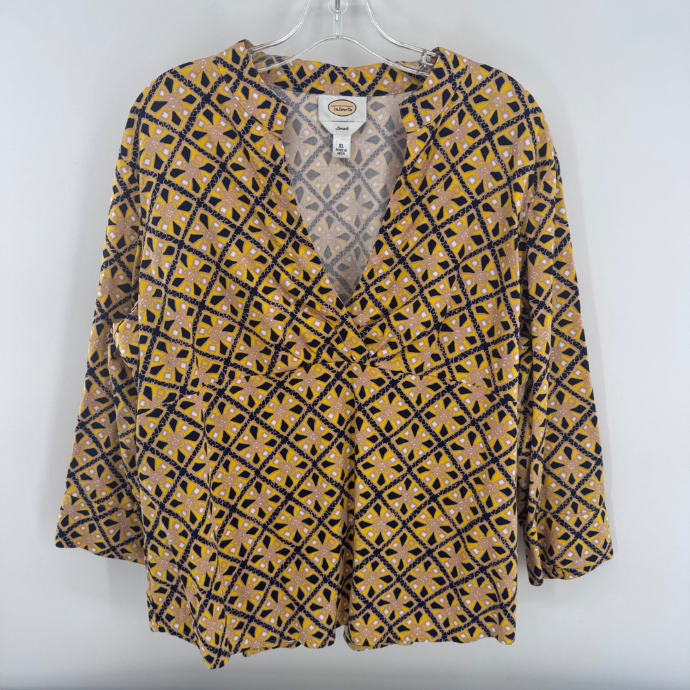 Talbots Geometric Tile Print Surplice‎ Top Womens XL Yellow 3/4 Sleeve Stretch